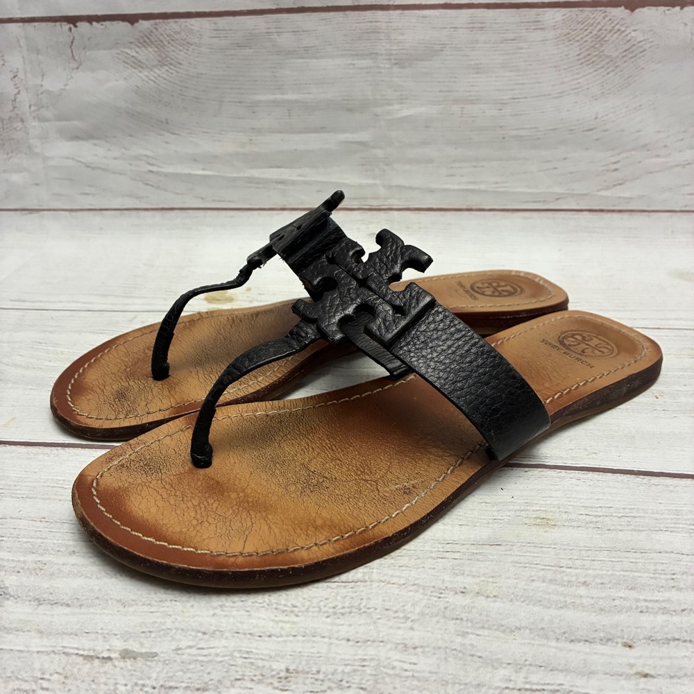 Tory Burch Moore Thong Sandals Womens 9 Black Leather Logo Flat